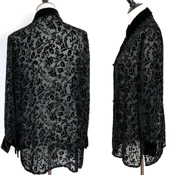 Vintage Y2K Black Sheere Burnout Velvet Blouse from Deane & White Sz M - Picture 2 of 16